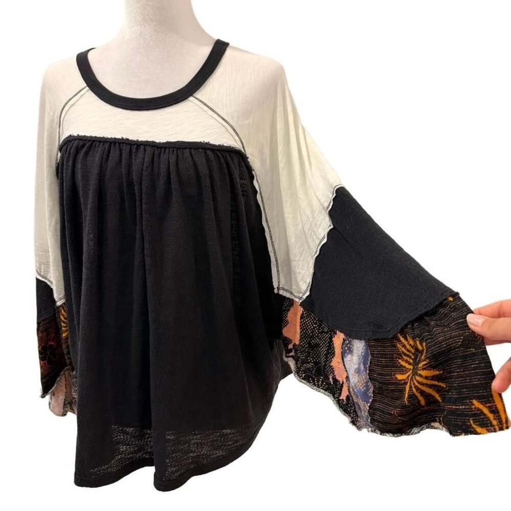 We The Free Free People Top Size M Black White Patchwork Long Sleeve Shirt Boho